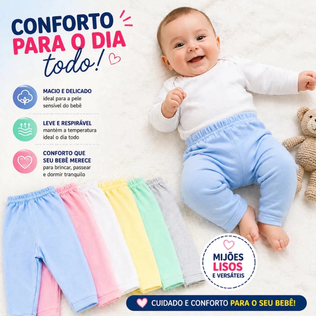 10 Unidades Mijão Infantil Calça Bebê Sem Pé Cores Lisas - G