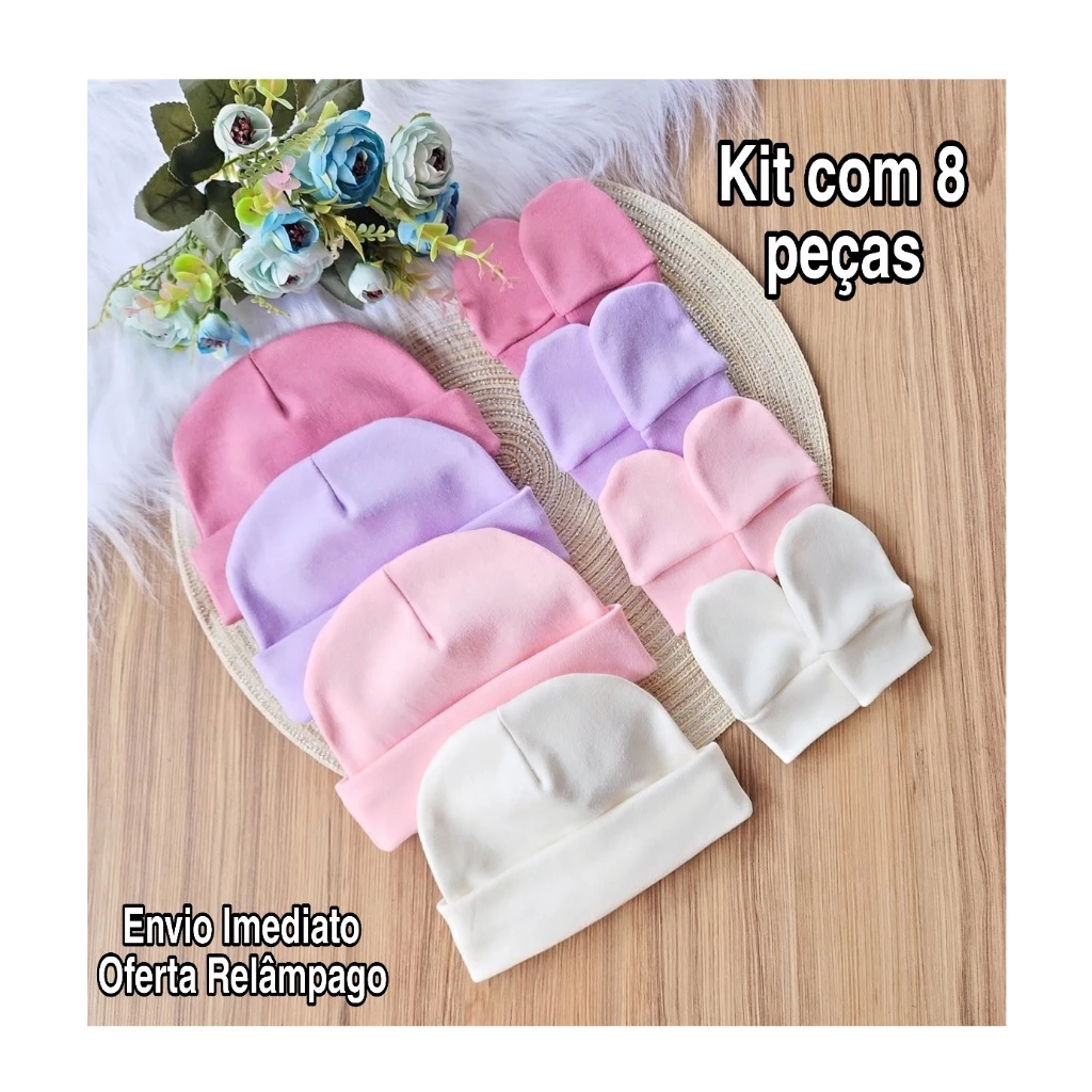 Kit 4 Touca e 4 Luva Para Bebê Recém Nascido 100% Algodão Antialérgic0
